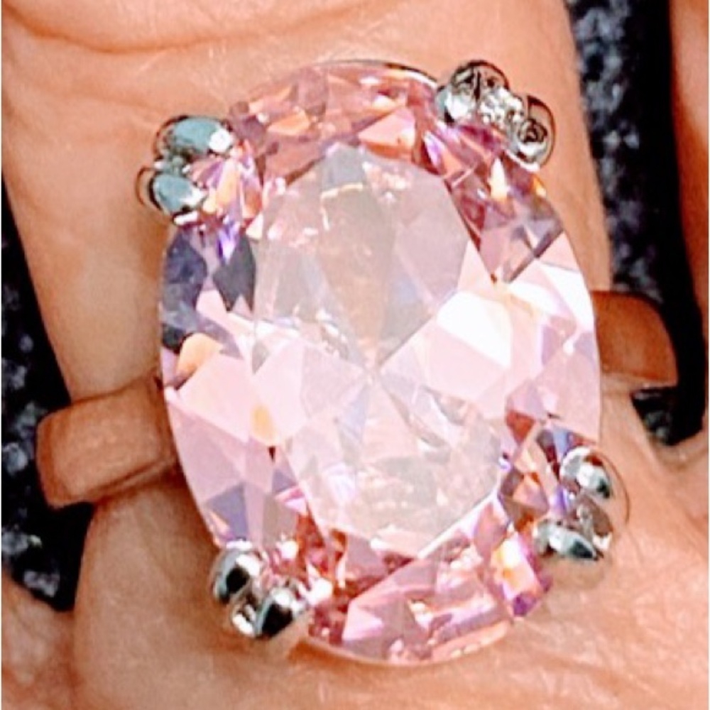 Sterling Silver Plated Ring with Large Pink Oval Synthetic Cubic Zirconia